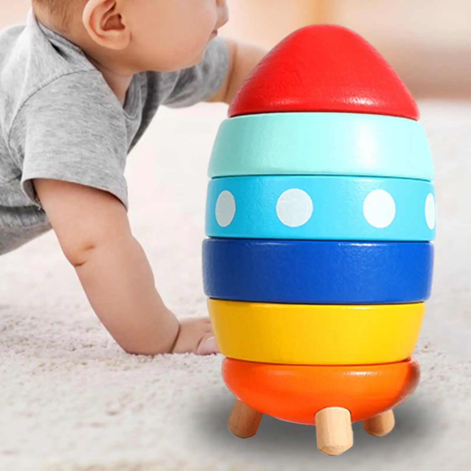 Wooden Colorful Rocket Shaped Stacking Toys Six Plug-in Parts Color Sorting