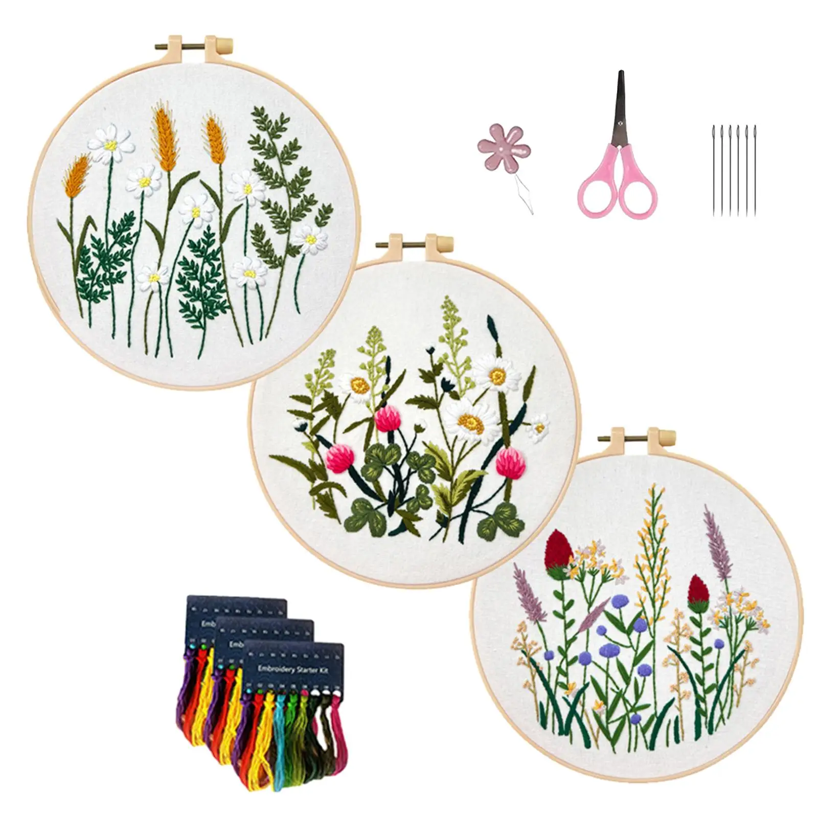 3x Beginner Embroidery Set Embroidery Hoops Coloured Threads Plants Pattern for DIY Art Handcraft Enthusiast Hobbyists Adults