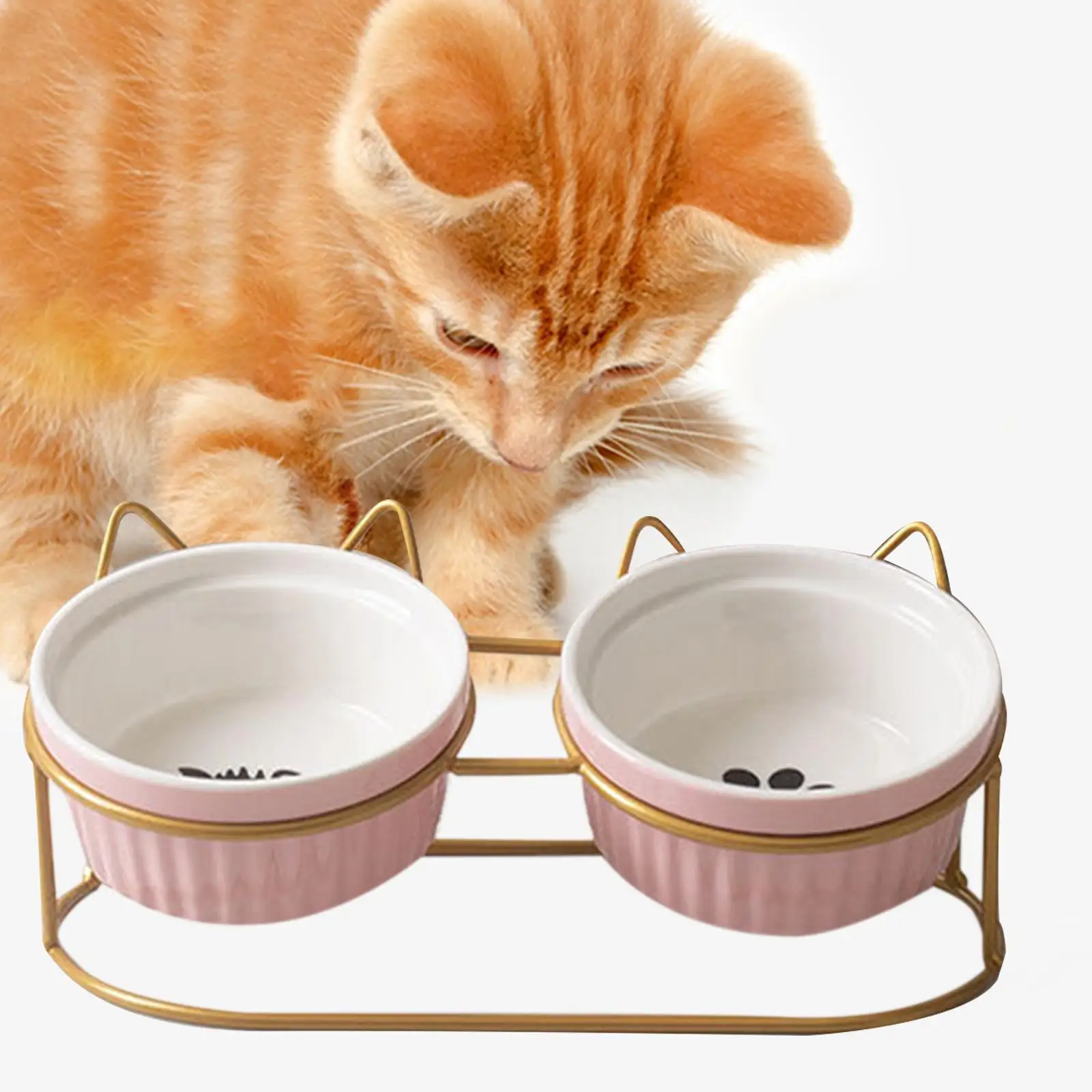 Cute Cat Bowls Raised Stand Neck Guard Stand with Metal Raised Stand Retro Double  Cat Bowls for Pet Ceramic Bowl Cat Dishes