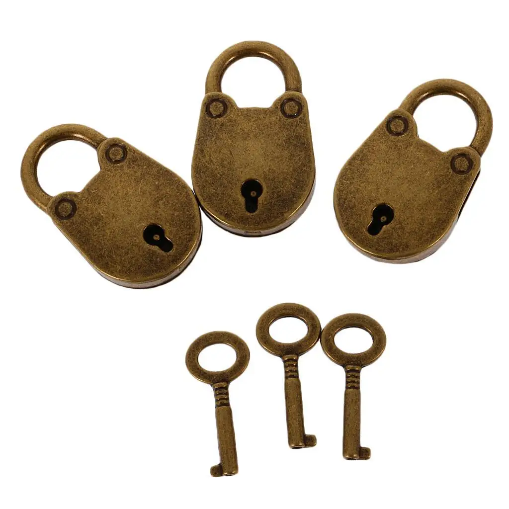 3 Pcs Mini Bronze  Padlock Small Metal Padlock Archaize  Keyed Padlock  with Key