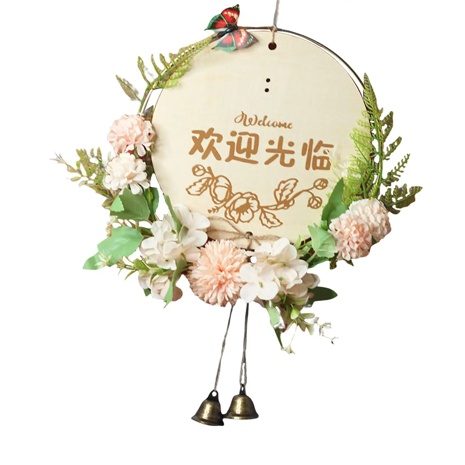 Welcome Sign Wreath with Bells Artificial Flower Door Wreath for Fireplace