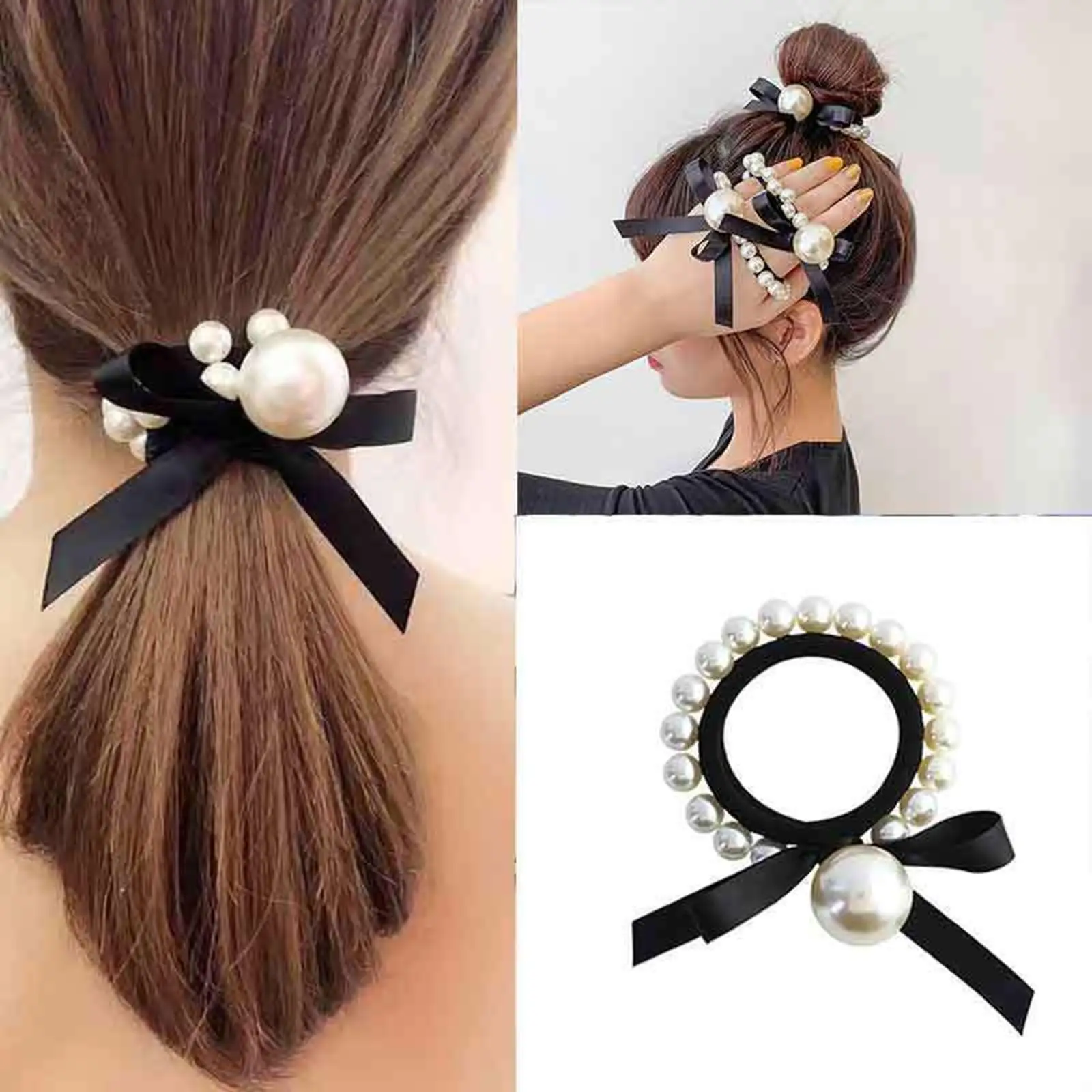 Artificial Hair Bowknot Elastics Hair Bands with Pearl Ponytail Hold Circle Rope Accessories Bow Knot Hair Bands Rope for Women
