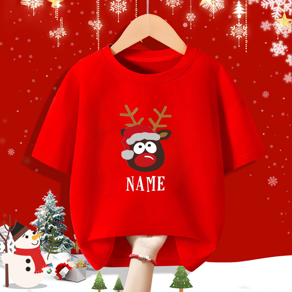 Personalisiertes Kind Weihnachten Rotes Hemd Hirsch Name Kind Kurzarm Kleidung T-Shirt Geschwister Passendes Weihnachtsoutfit Kinder T-Shirts – Detail 7