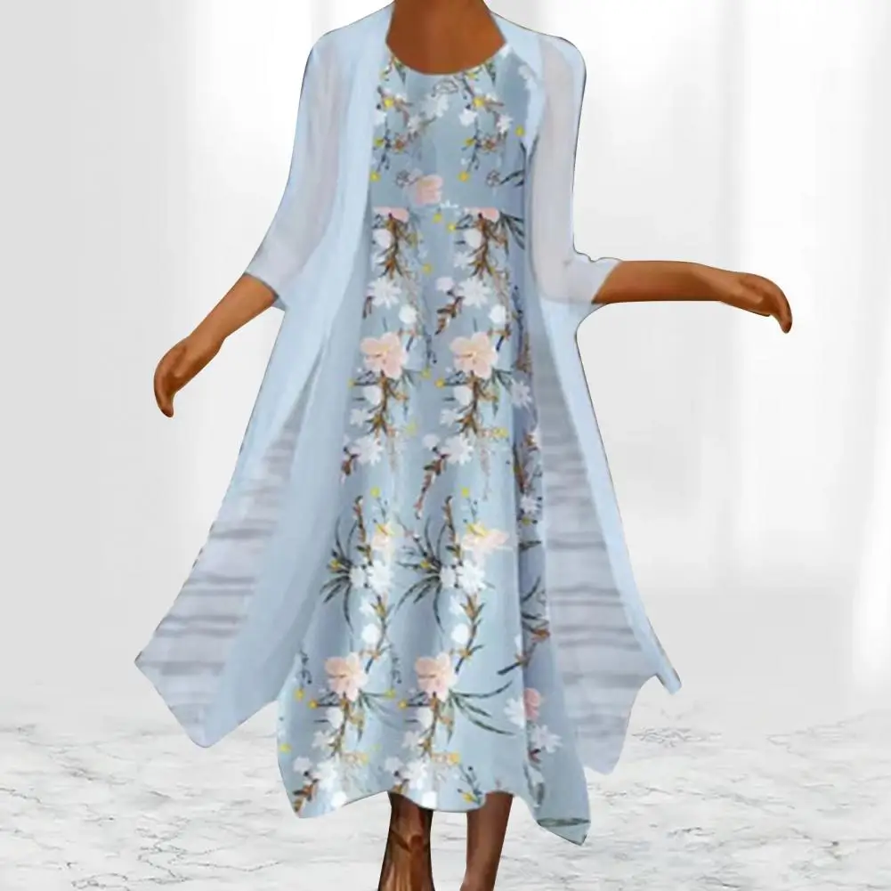 1 Set Büro Dame Strickjacke Kleid Floral Print Große Saum Frühling Sommer Vintage Chiffon-Kleid Set für Party Kleidung