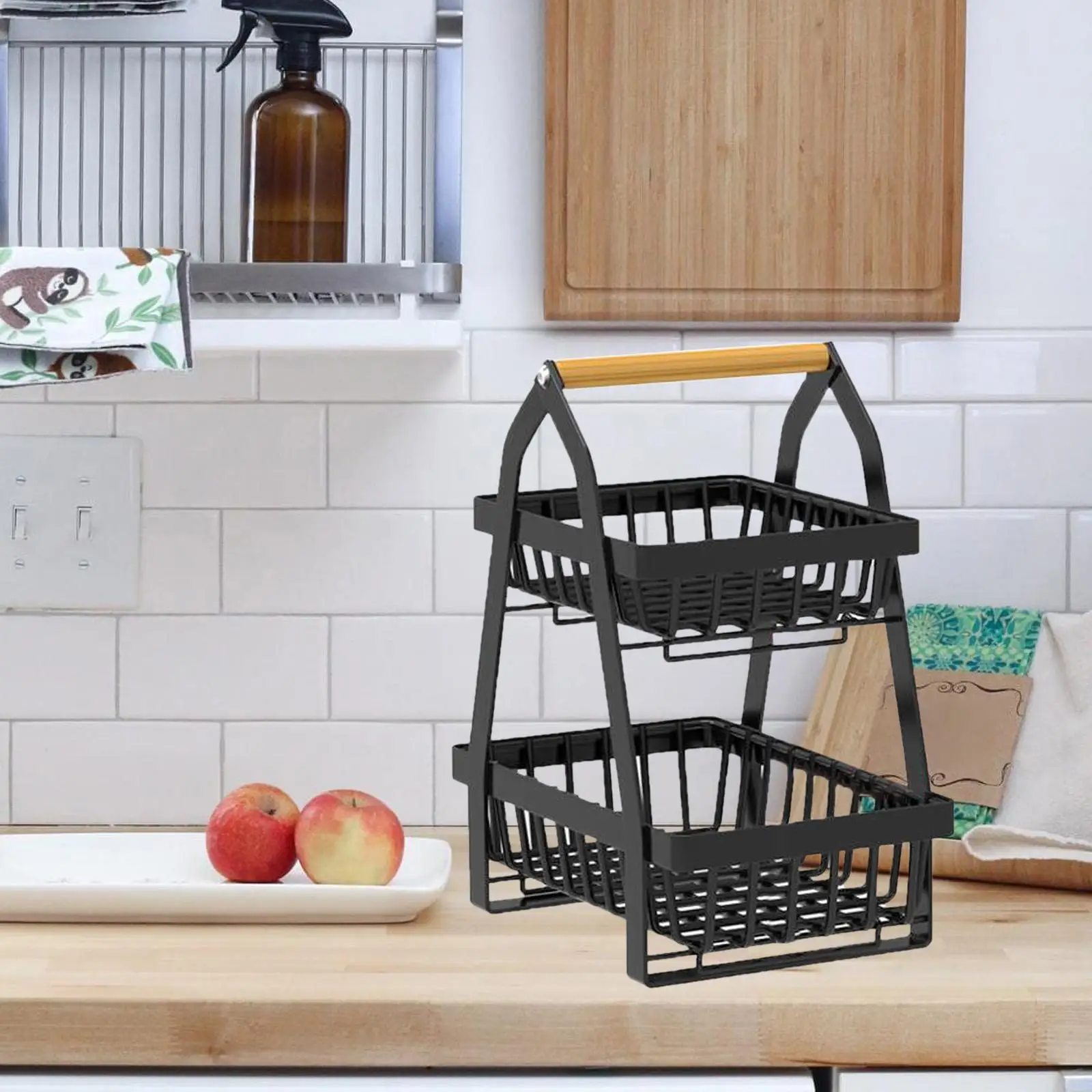 Bread Vegetable Farmhouse Fruit Basket Bowl Stand with Wooden Handle Detachable Metal Wire Basket for Countertop Dining Room