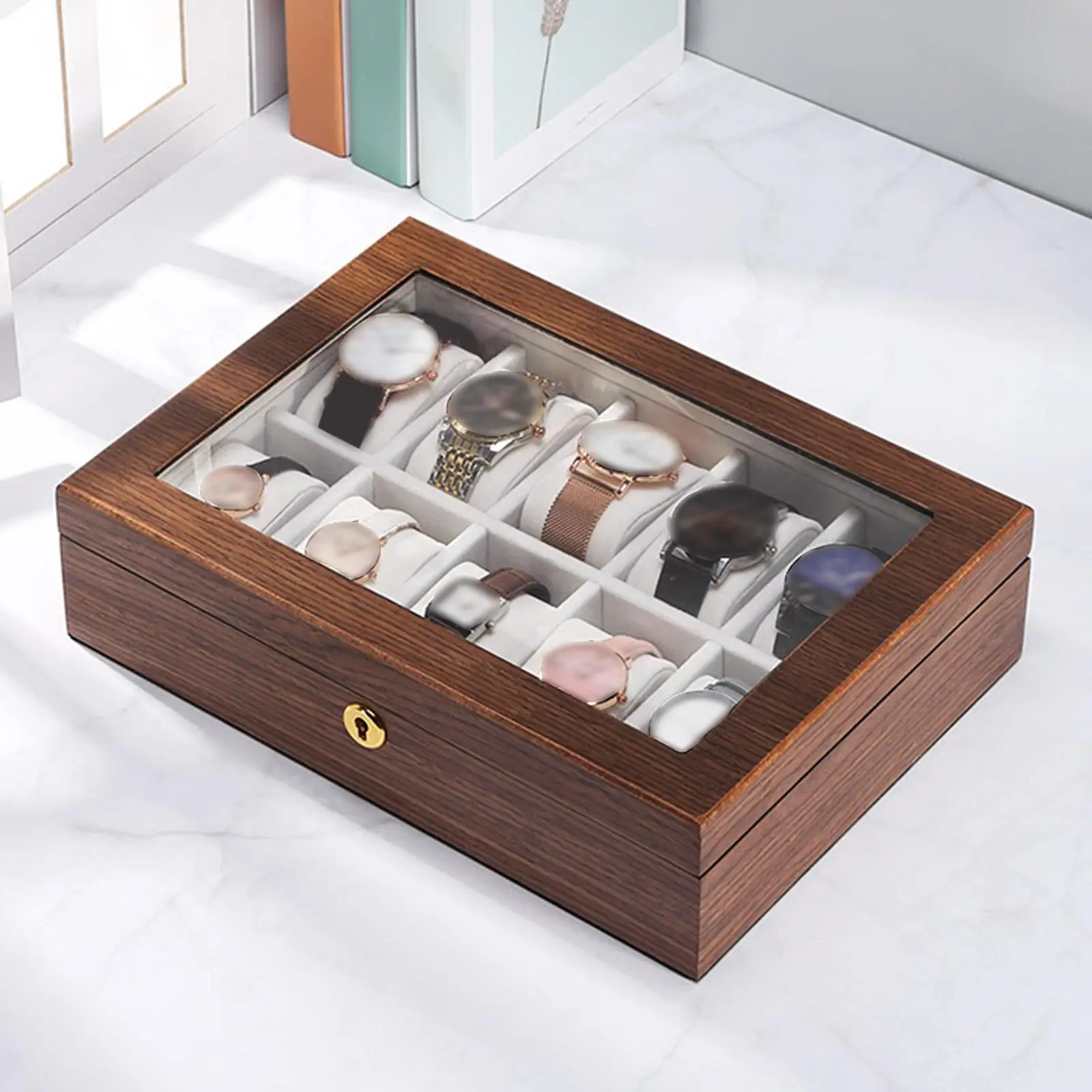Wooden 10 Slot Watch Box Wrist Watch Storage Case Velvet Lining Lockable Design Clear Top Watches Exquisite Gift Organizer