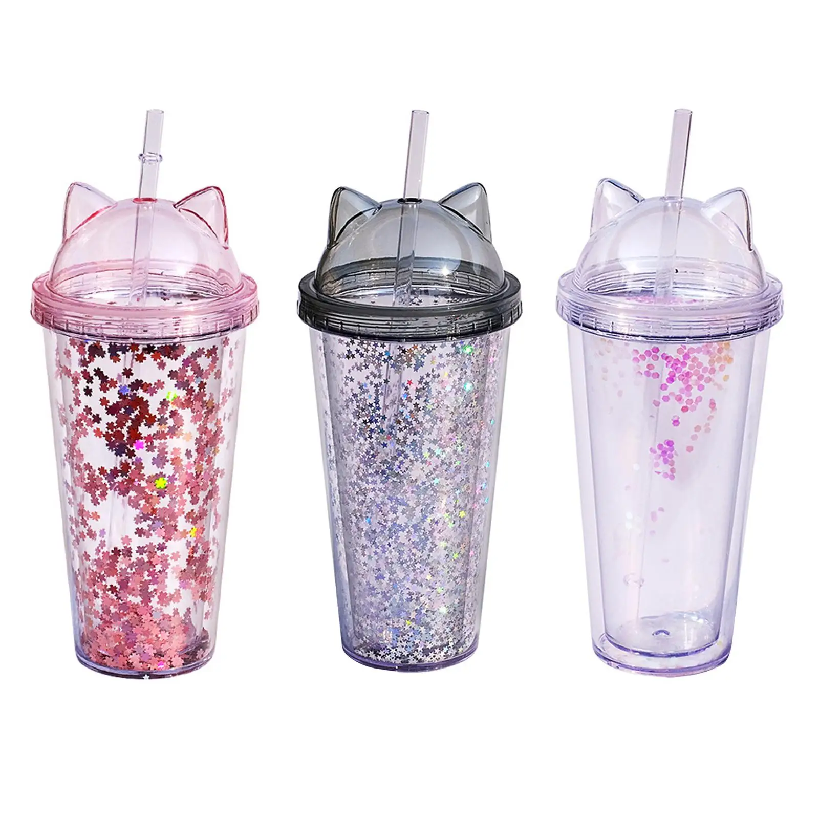 Sequins Double Wall Tumbler with Straw & Lid for Shopping Camping Outdoor Travel Hot and Cold