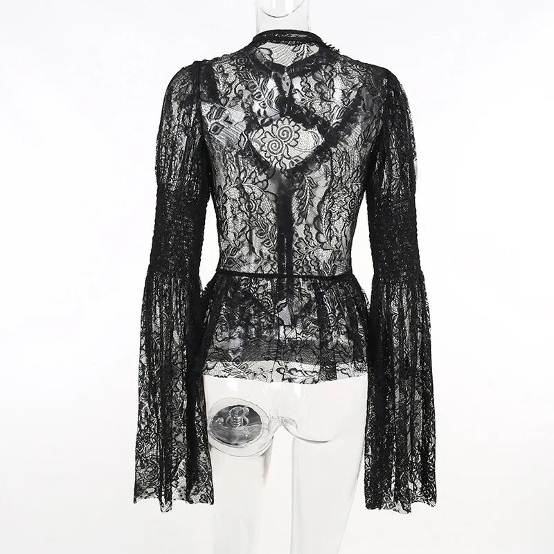 Palace Style Dark Academia Black Lace T-shirt Sexy Hollow Out See Through Smock Top Y2K Vintage Gothic Grunge Flared Sleeve Tees