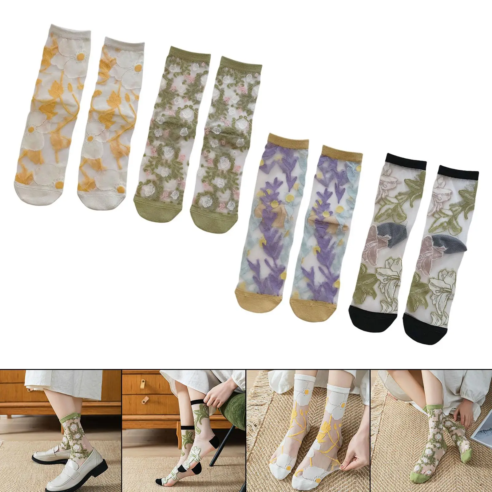 Women Sheer Socks Thin Female Stretch Floral Mesh Lace with Pattern Crystal Glass Silk Socks for Ladies Girls Wedding Parties