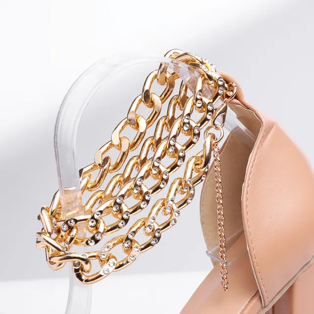 Mollyshoe Gold-Tone Chain Embellished Ankle Strap Chunky Heels