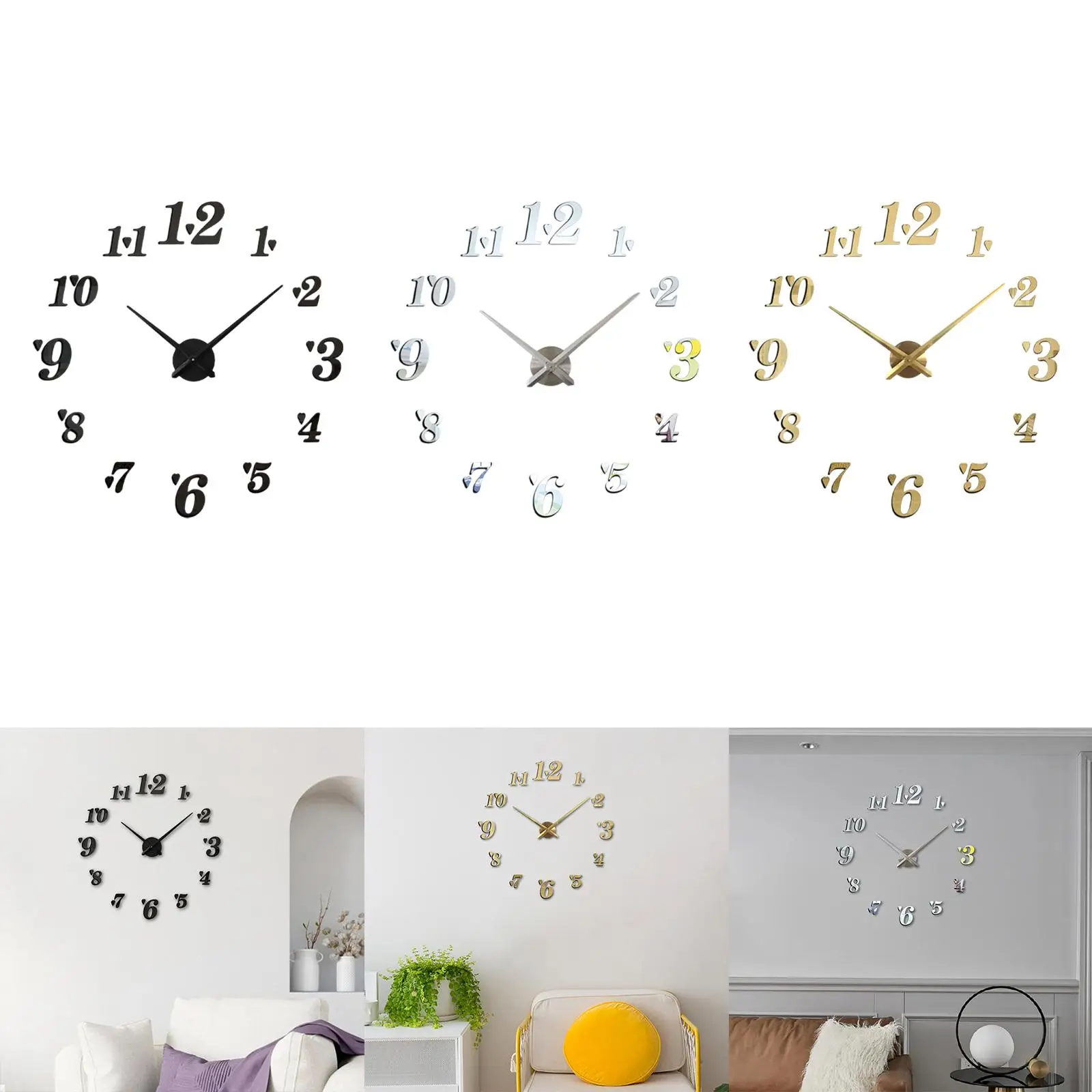 Acrylic DIY 3D Wall Clock Wall Stickers Arabic Numerals Clock Battery Powered Frameless for Home Kitchen Bedroom Office Decor