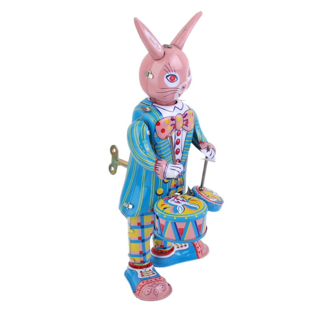 Vintage Wind Up Mr. Rabbit Bunny Drummer Clockwork W/ Key Tin Toy Xmas Gift