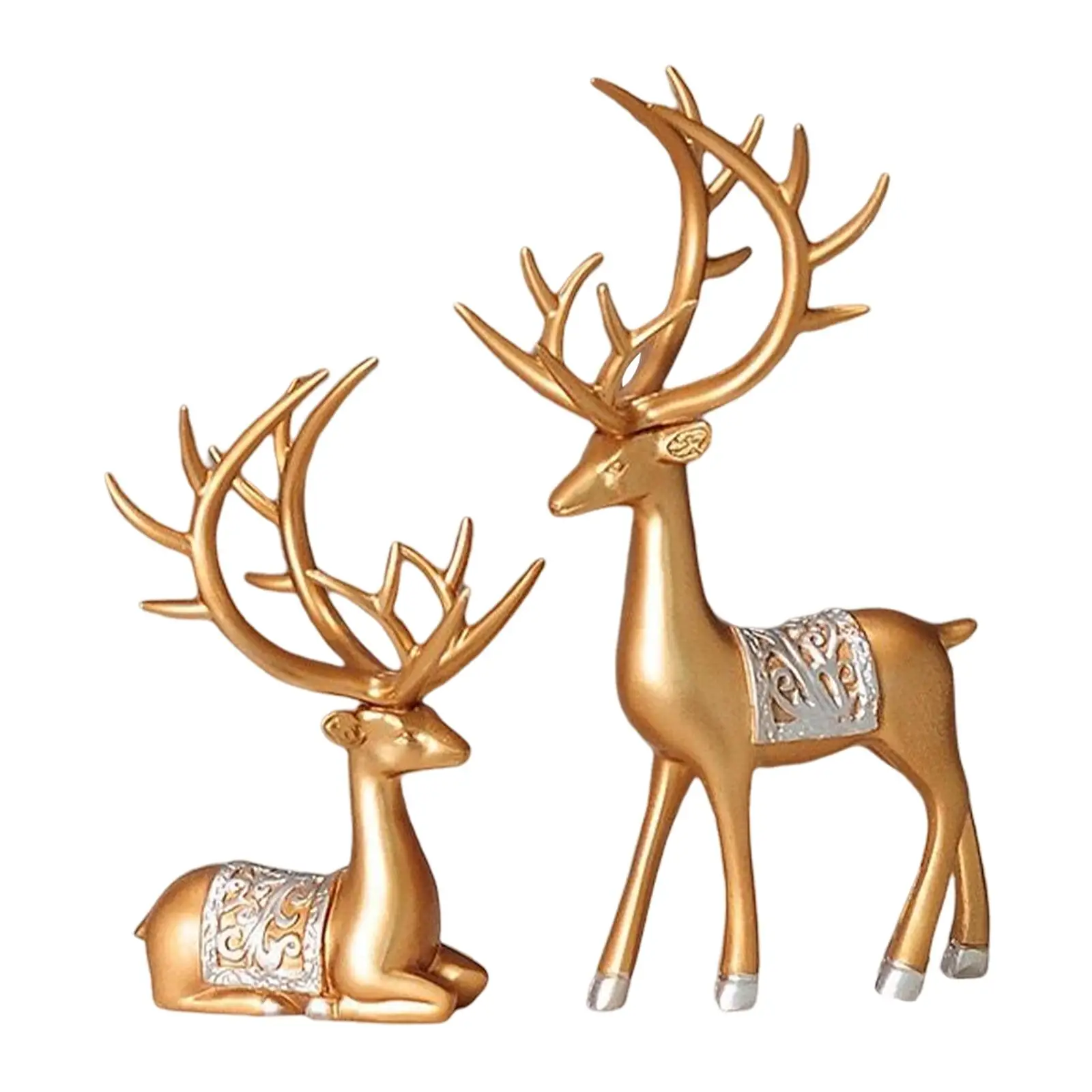 2x Modern Reindeer Statues Figurine Elk Couple Sculpture Collectable Gift Craft for Living Room Tabletop Bar Cabinet Birthday