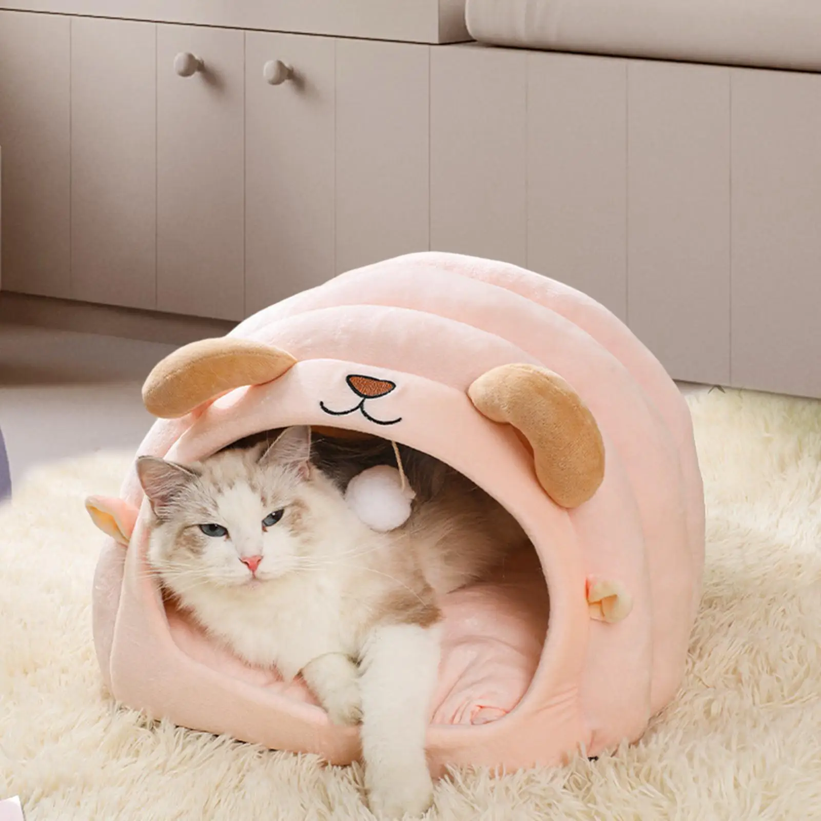 Cat Bed Non Slip Bottom with Removable Mat Washable Cave House Warm Bed Semi Enclosed Cat Nest Sleeping Bed for Rabbits Dogs Cat