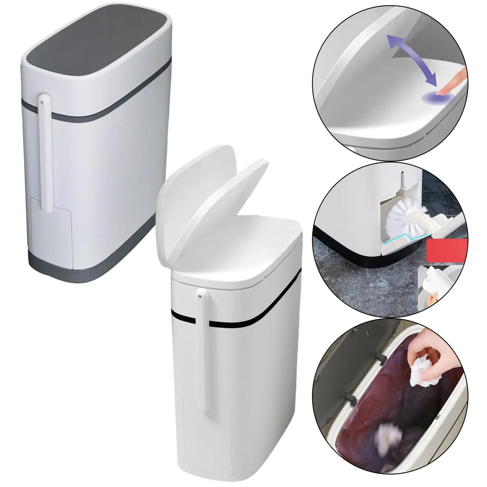 Narrow Trash Can with Toilet Brush Dustbin Bucket for Bathroom Bedroom Living room and home RV