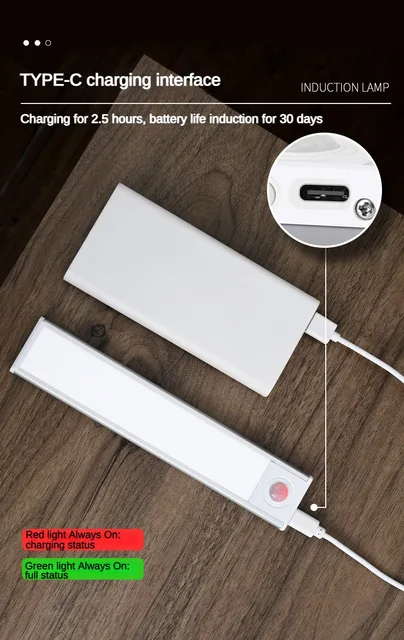 Luz Led recargable por USB con Sensor de movimiento, iluminación para  armario de cocina, barra led de 20cm, 40cm y 60CM