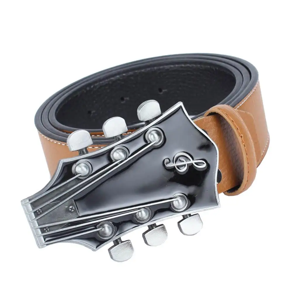 Western Cowboy Country Style Guitar Buckle Vintage Leather Belt Waistband Casual Belt Waist Strap for Women Men
