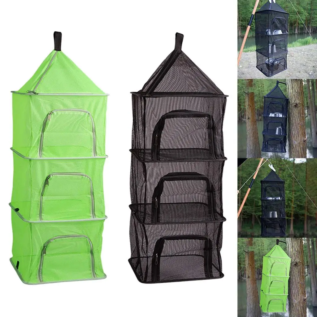 4 Layer  Drying Rack Hanging Mesh , Collapsible Design with Zippers Hanging Dryer Net for Fruits, Flowers, Vegetables, Fishes