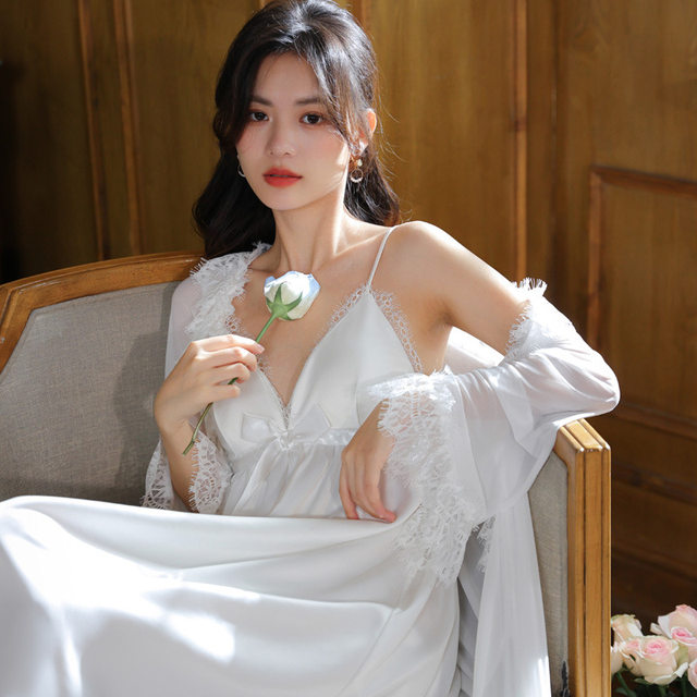 Satin Nightgowns Robe Set Women Sexy Nighty Ice Silk Long Night Dress with  Built in Bra Sleepwear Princess Nightwear Pijamas Set - AliExpress