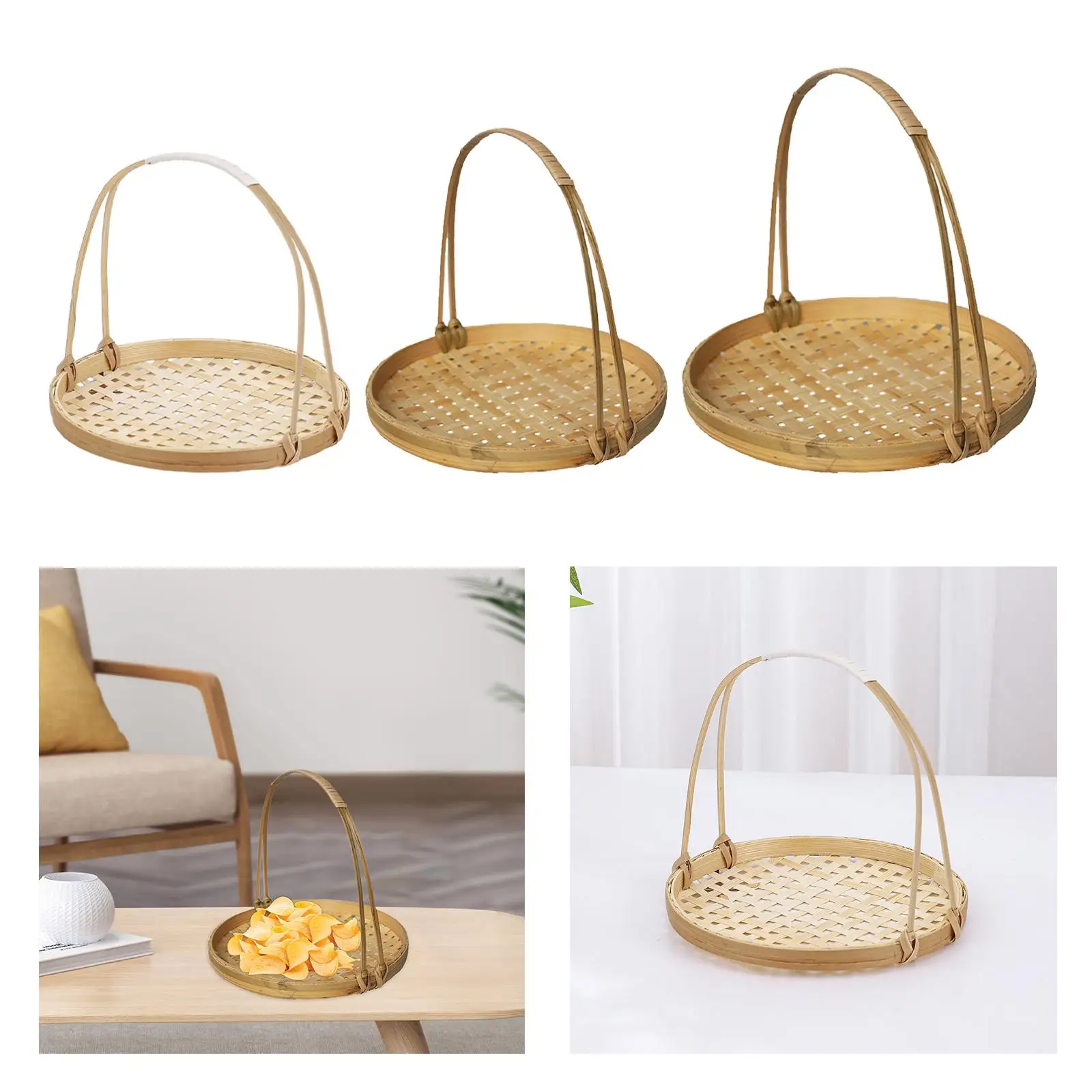 Hand Woven Fruit Basket Rattan Farmhosue Decoration with Handles Ottoman Trays Food Storage for Dining Room Picnics Home Table