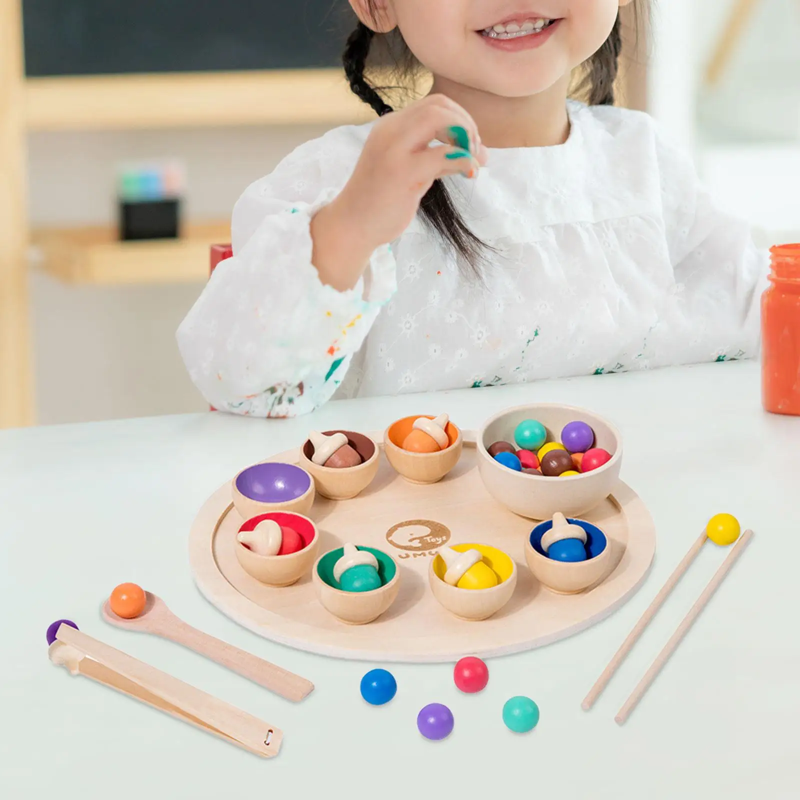 Wooden Rainbow Toys Color Classification Fine Motor Development Game Training Logical Thinking Wood Clip Beads for 1+ Year Old