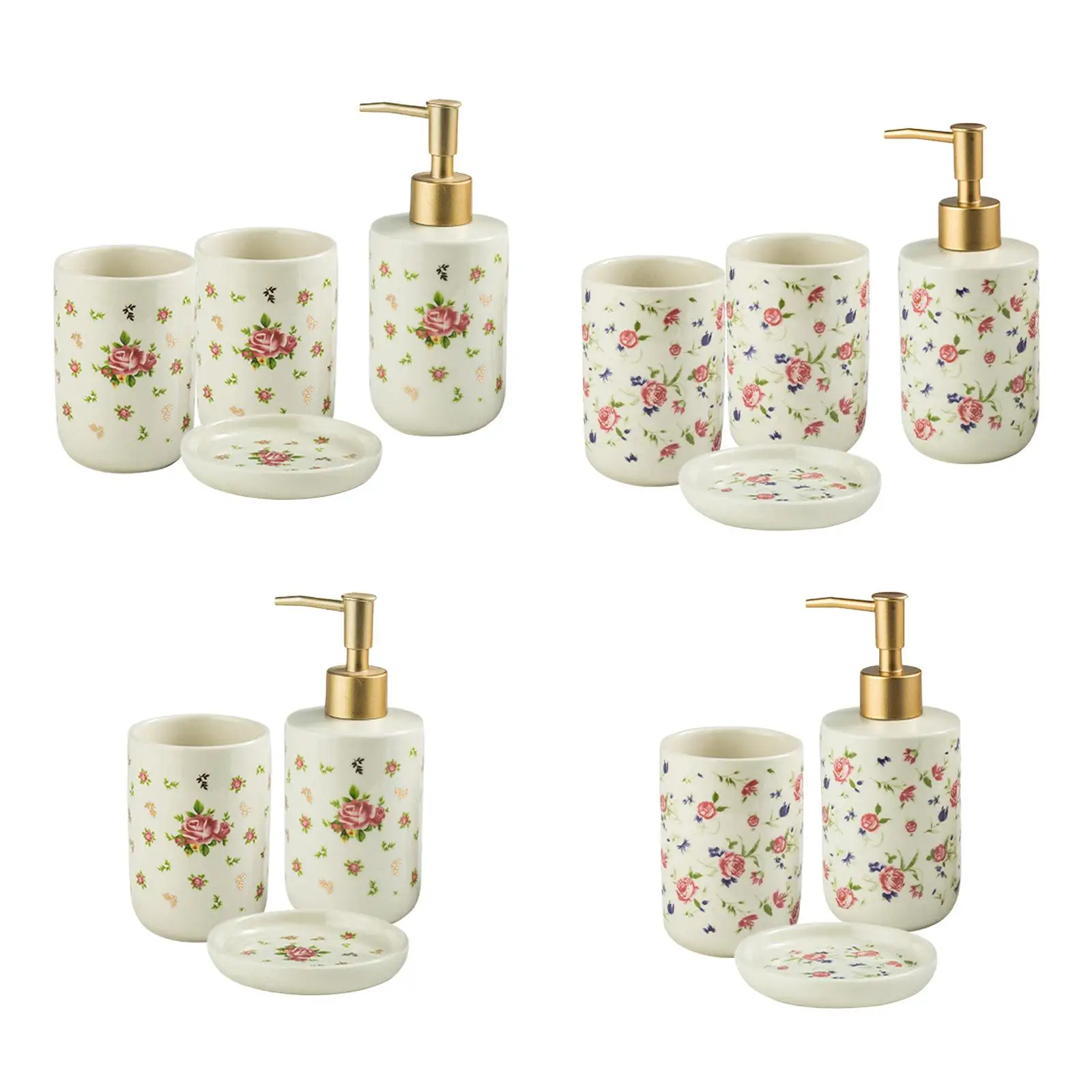 Ceramic Bathroom Accessory Set, Flower Pattern Luxury Toothbrush Holder, Soap Lotion Dispenser,