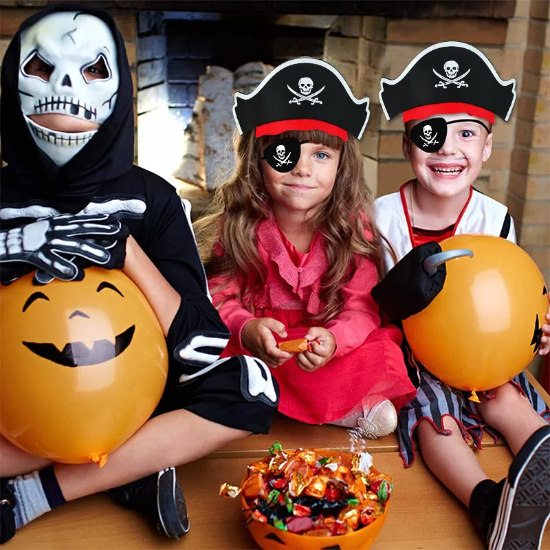 Description Picture 5 of item12Pcs Pirate Captain Hat Skull Print Eye Patch Children Adult Halloween Party Cosplay Costume Cap Decoration Props