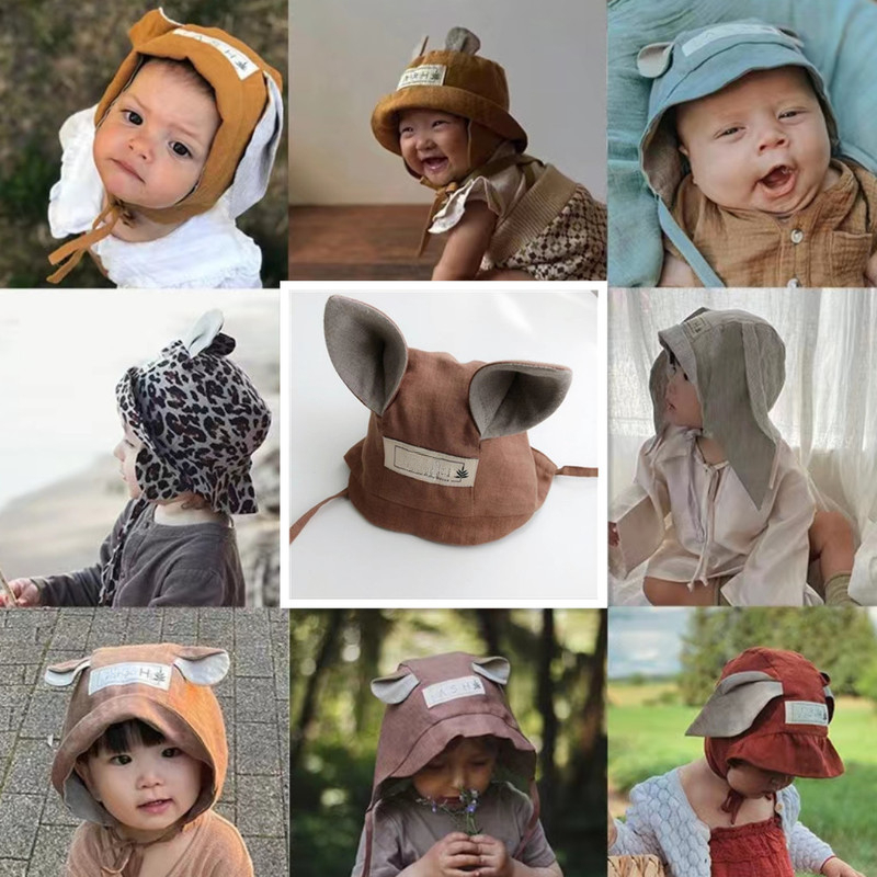 Baby Tier Ohren niedlichen Fischer Kappe atmungsaktive Leinen fetalen Hut Kinder Spaß Eichhörnchen stehend Ohr Baumwolle Leinen Sonnenhut – Detail 4