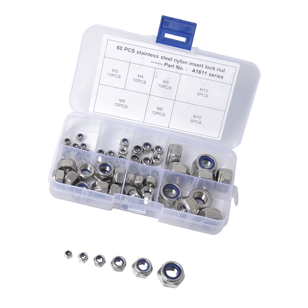 Stainless Steel M3-M10 Nylon Insert  Nuts  Assortments 60PCS