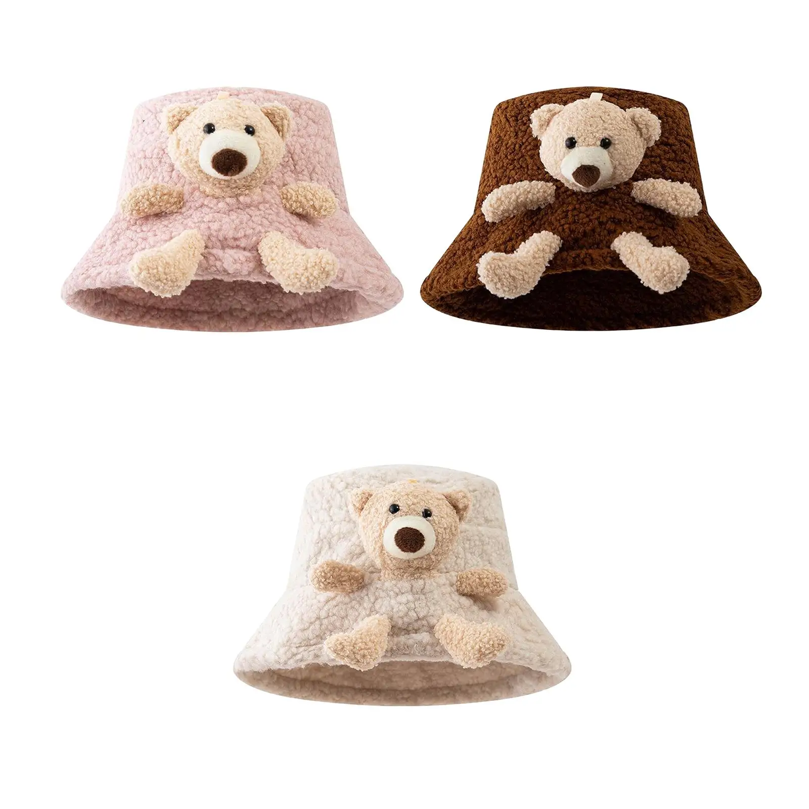 Womens Fleece Bucket Hat 3D Stuffed Bear Headwear Soft Autumn Winter Hats