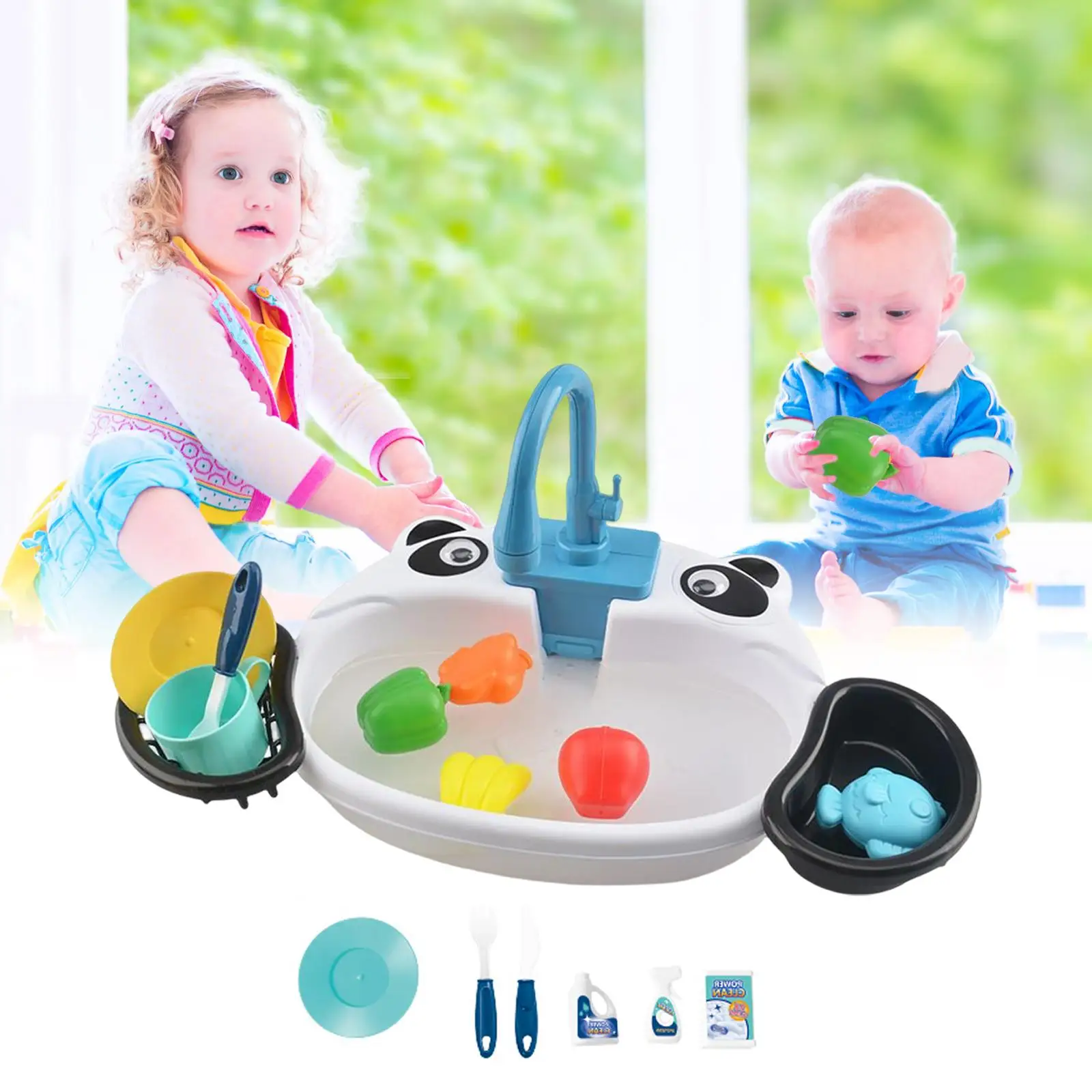 Pretend Play Sink Toys, with Running Water Simulated Sink Dishwashing Set  for Boys and Girls Kids Toddlers Children Birthday