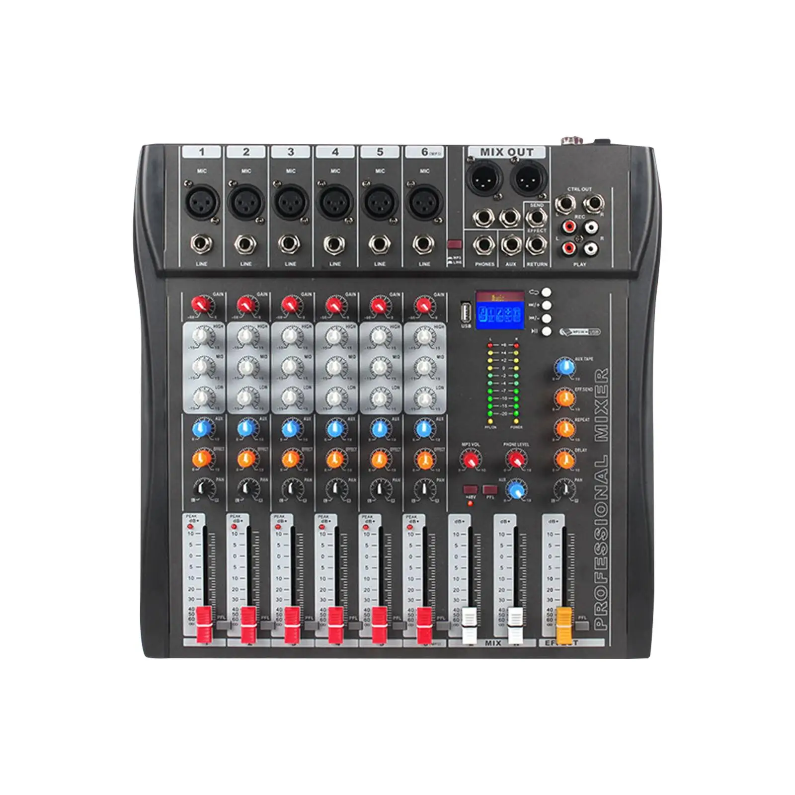 6 Channel Audio Mixer Sound Mixing Console US Adapter for Live Studio Stereo Impact Resistant Housing 48V Phantom Power Portable