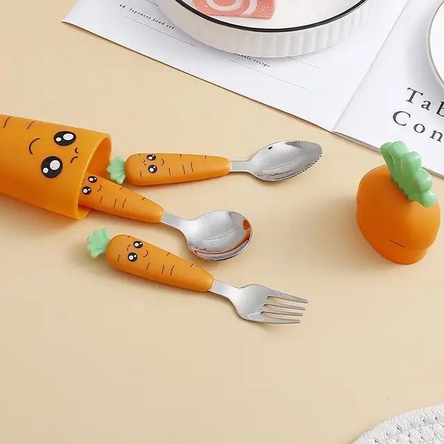 Cartoon Children Utensil Carrot Shape Baby Tableware Set Cute Stainless  Steel Baby Spoon Fork Infant Food Feeding Kids Cutlery - AliExpress