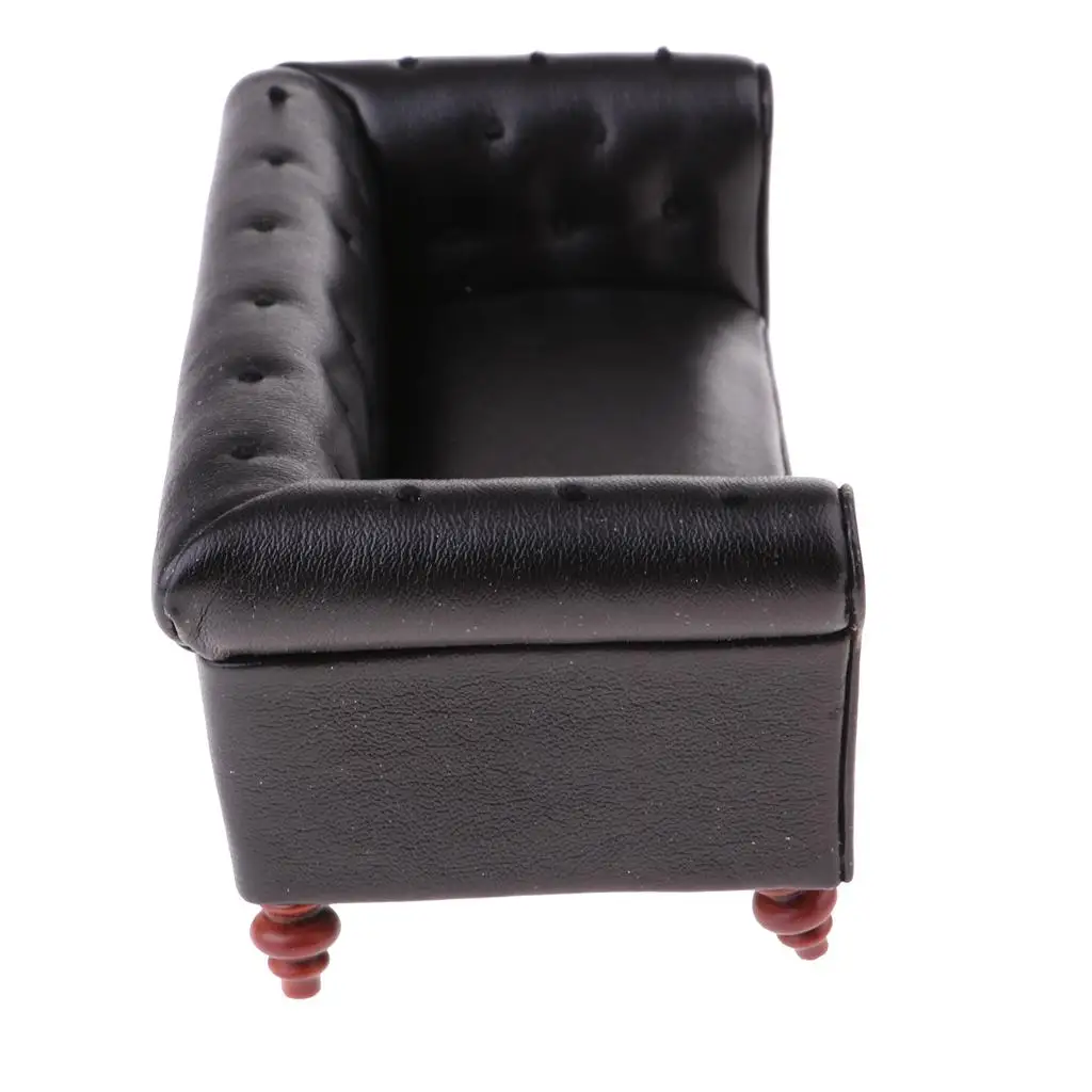 Retro miniature leather long sofa couch 1/12 dolls house living room black