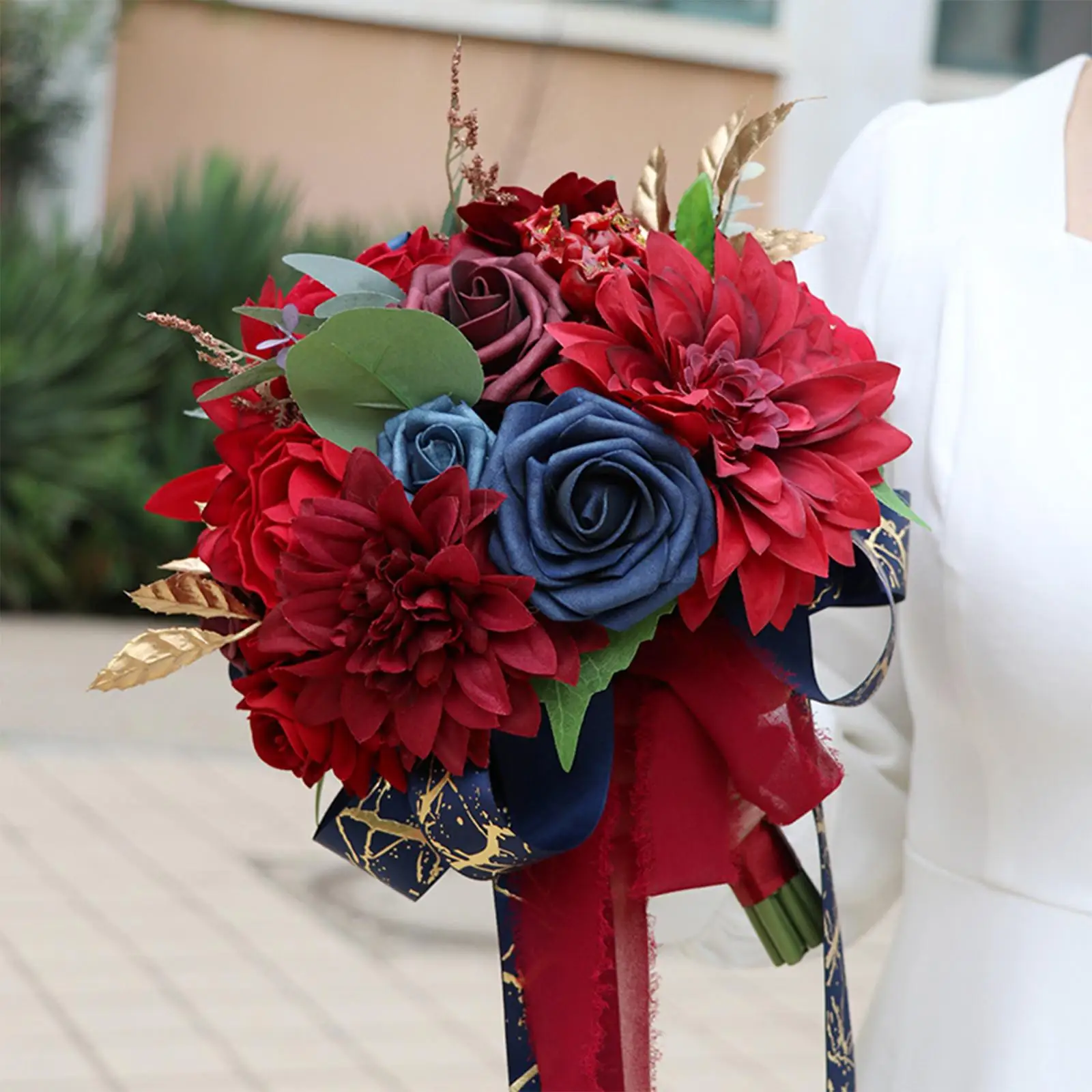 Blue and Red Silk Flower Rose Cascading Bouquets Bride Holding Home Decor Exquisite Wedding Decoration Handmade Ribbon Tassel