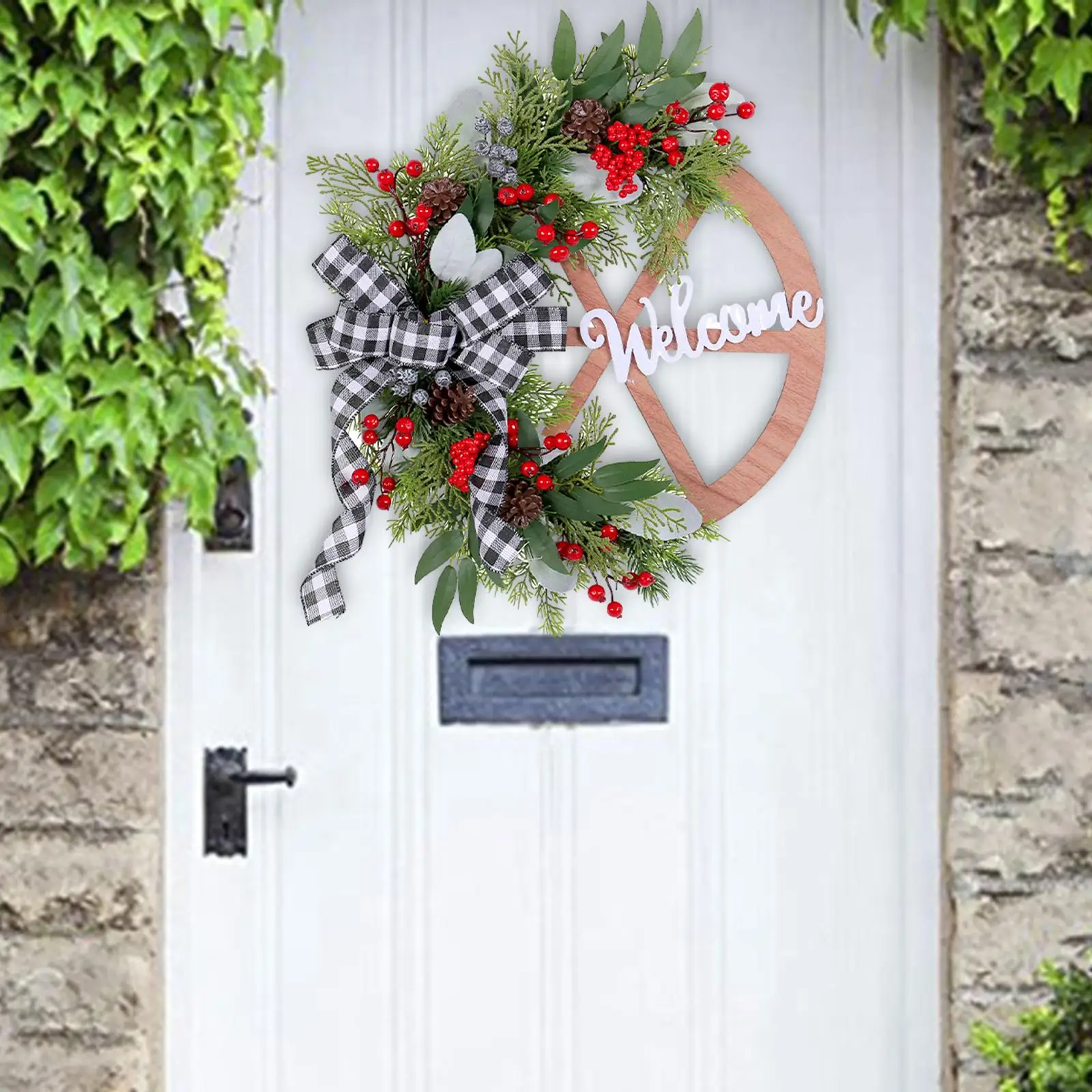 Christmas Wreath Black White Plaid Bow Xmas Wreath for Farmhouse Porch Home