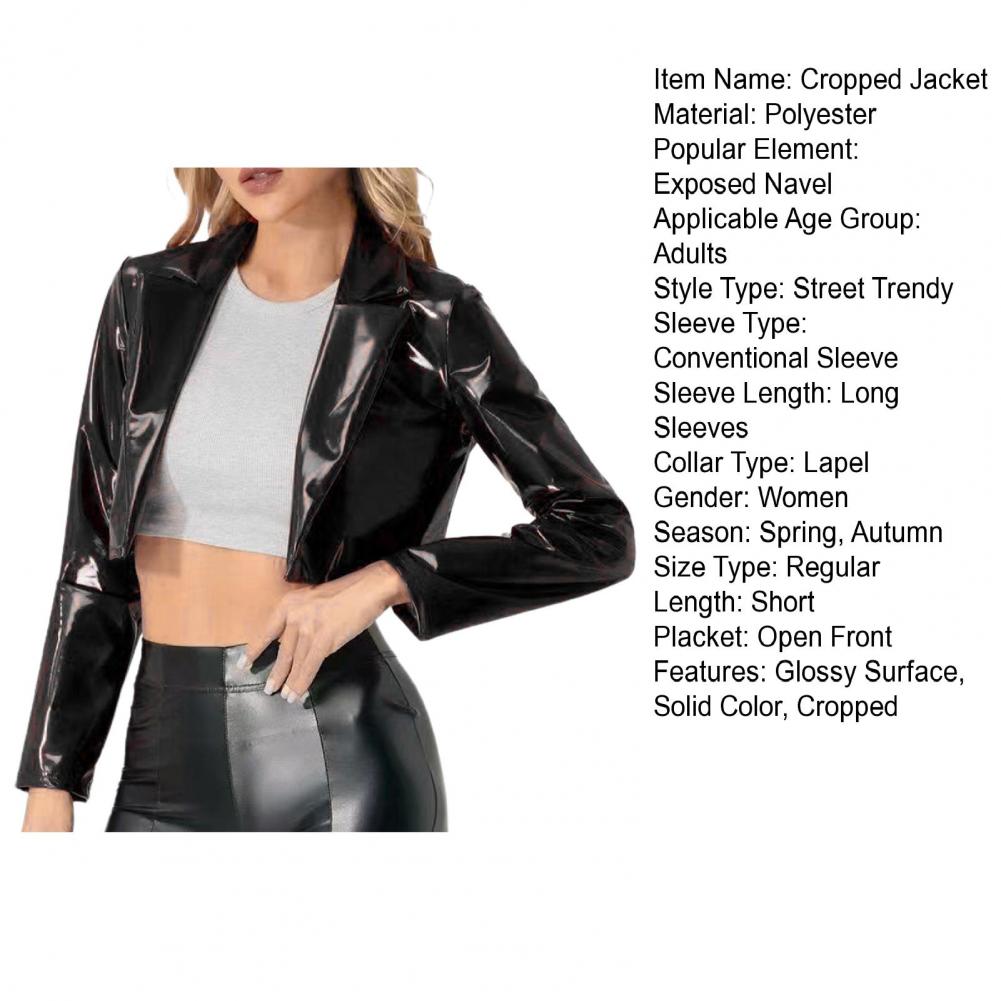 Faux Leather Jacket Women's Glossy Faux Leather Cropped Coat with Long Sleeve Lapel Jacket for Clubwear Cosplay Festival Costume