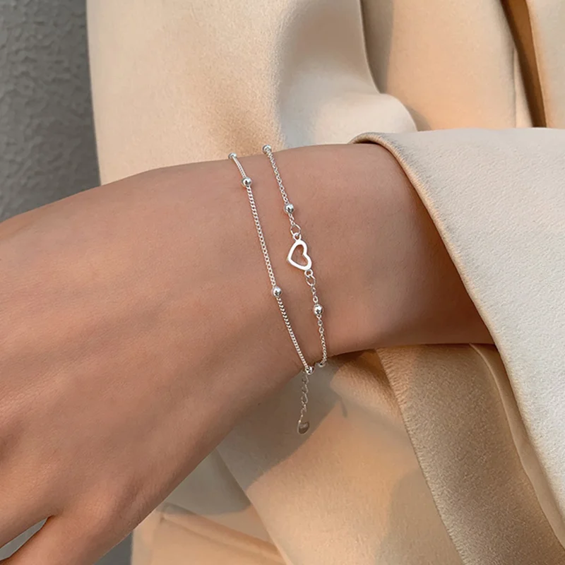 браслеты на руку женкие браслет на ногу женский браслет серебро 925пробы 2шт./комплект, женские двухслойные браслеты с подвесками в виде сердца