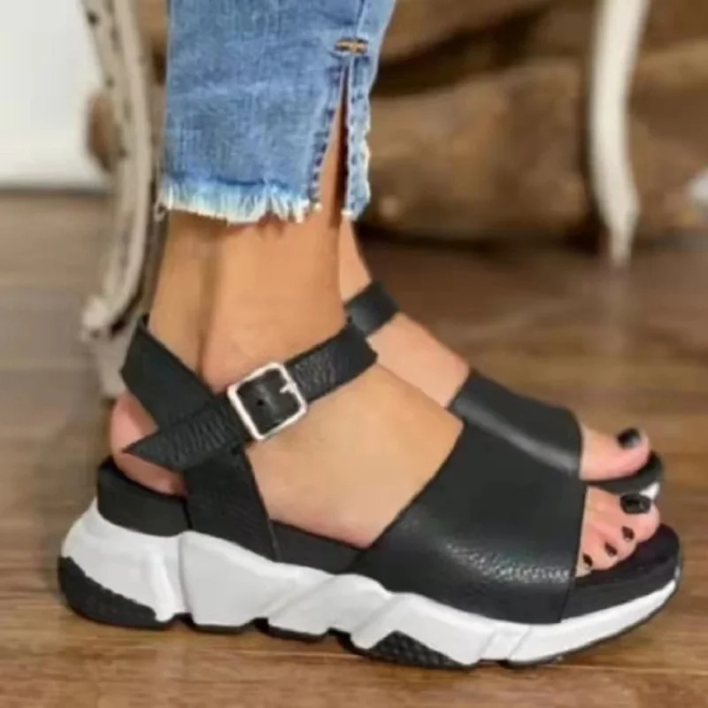2022 Women Summer Wedges Buckle Strap Sandals Open Toe Casual Ladies Suede Non-Slip Solid Beach Shoes Open Toe Sandalias Mujer