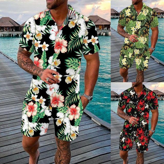 Two Piece Set Men's Clothes Hawaii Shirts Matching Set Turn-down-collar  Button-shirt Shorts Vacation Travel Beachwear Outfits