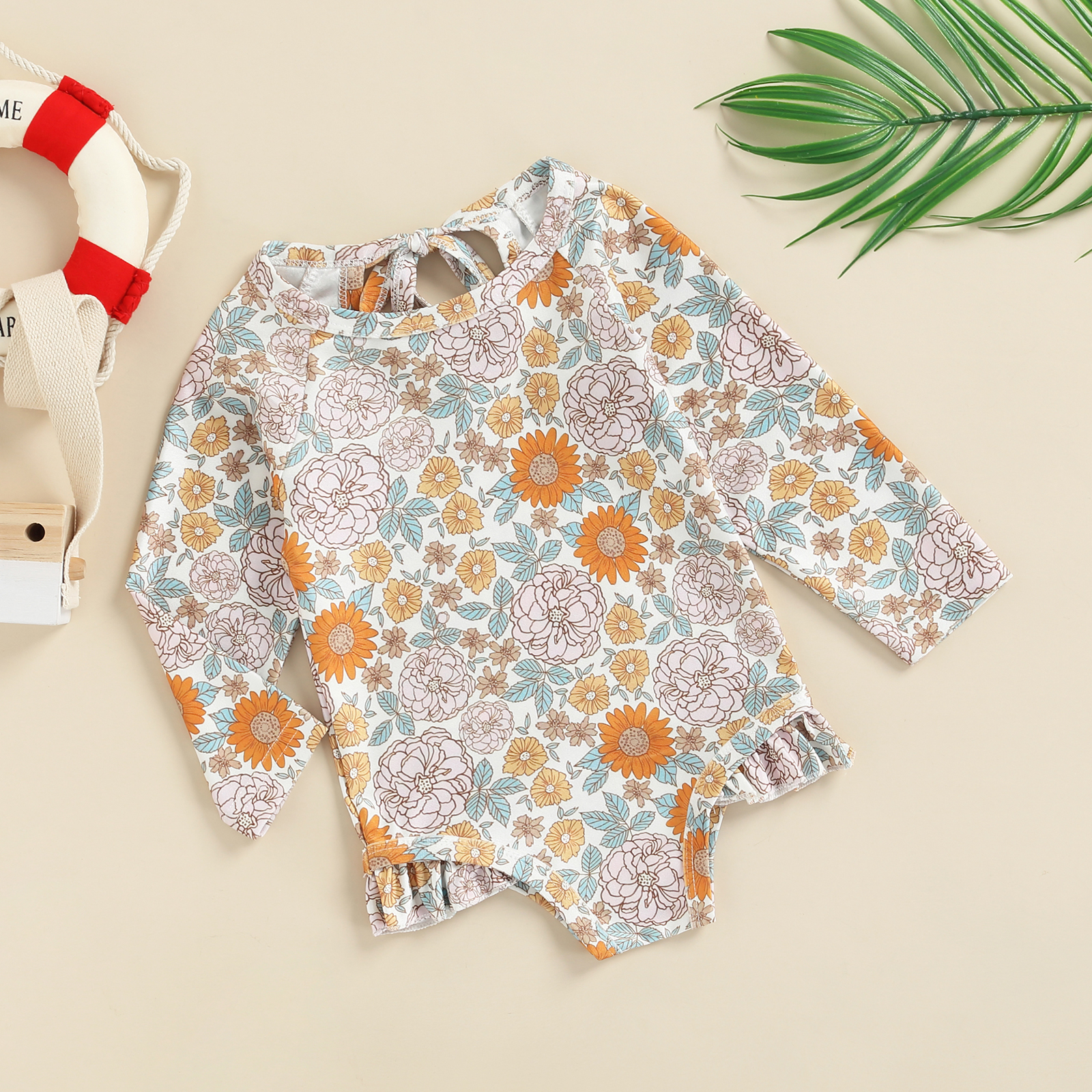 Infant Kind Baby Mädchen Lässig Bademode, Herz/Blume Print Rundhals Langarm Badeanzug, weiß/Rot/Orange 1-6T – Detail 1