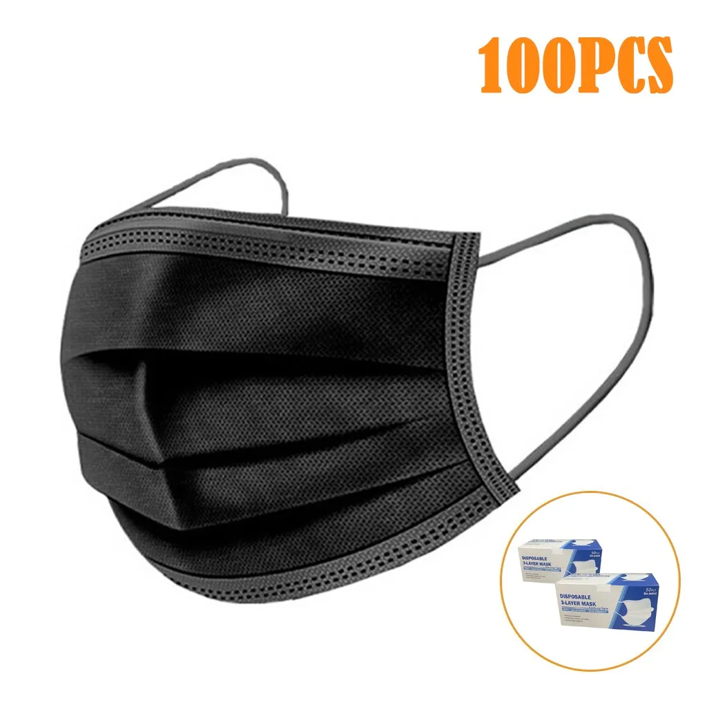 100pcs Solid Black Face Cover Disposable Adult Masks Three-layer Non-woven Filter Dustproof And Anti-haze Mask Halloween Cosplay halloween costumes