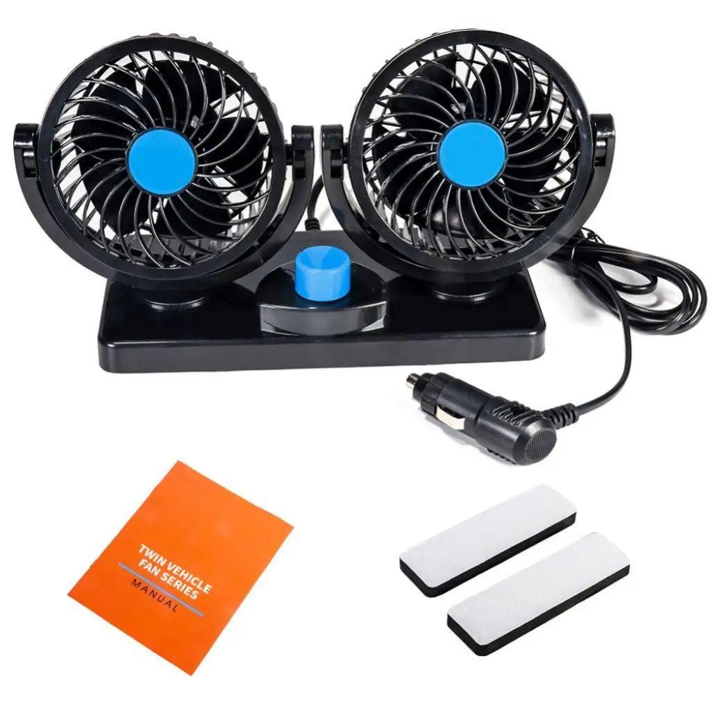 12V Electric Car Cooling Rotatable Dual Heads Fan Manual Rotation 2 Speed. (Balck)