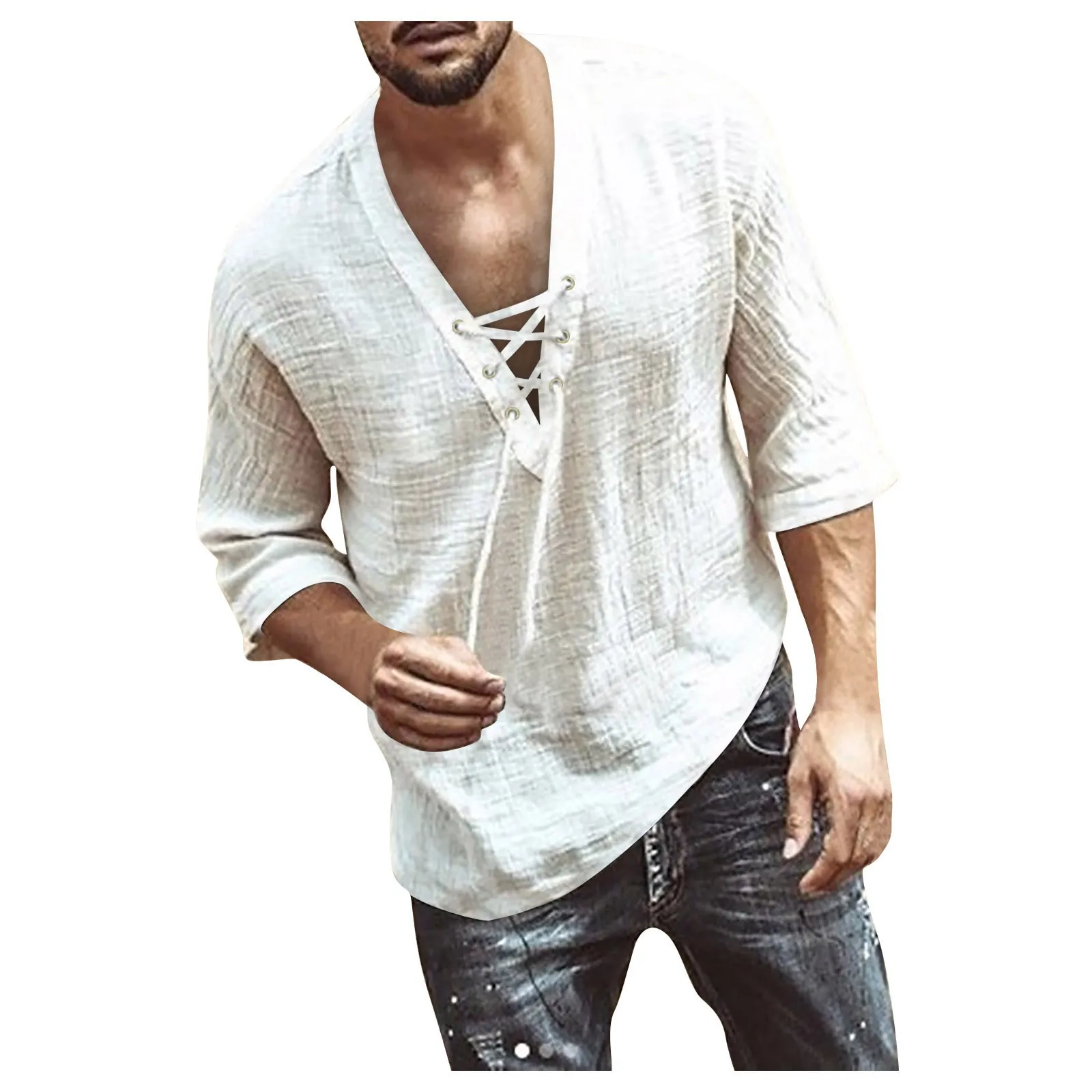 Camisas informales de lino y algodón para hombre, camisas holgadas con botones y cuello levantado, Tops de manga larga de Color sólido para primavera y verano