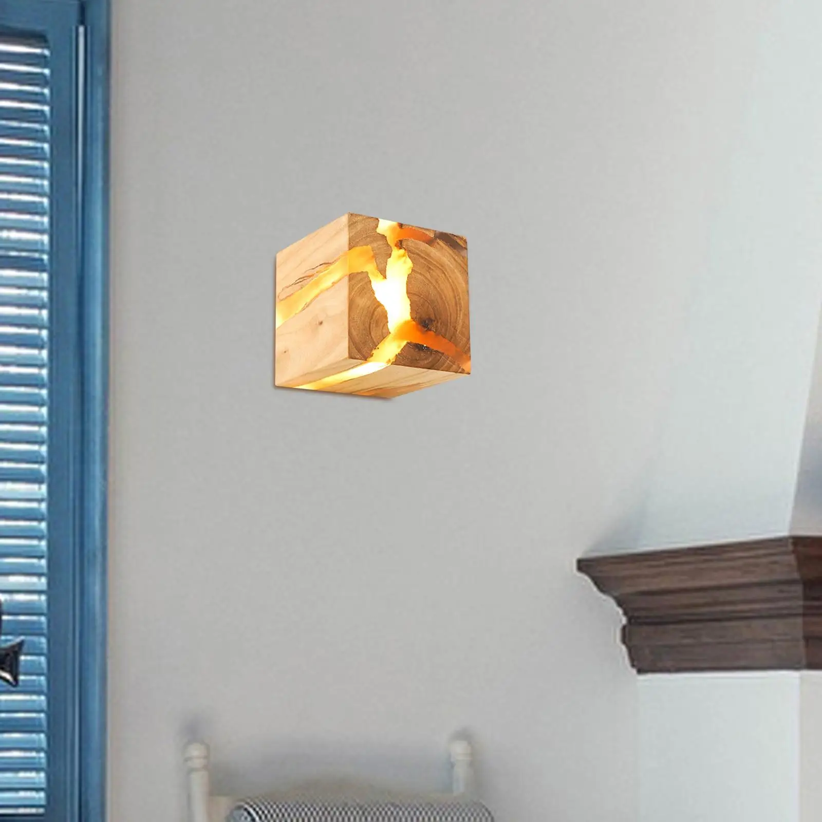 Wood Resin Wall Light Fashionable Decorative Square LED 5W Photo Prop Bedside Lamp for Hotel Cafe Home Restaurant Decor