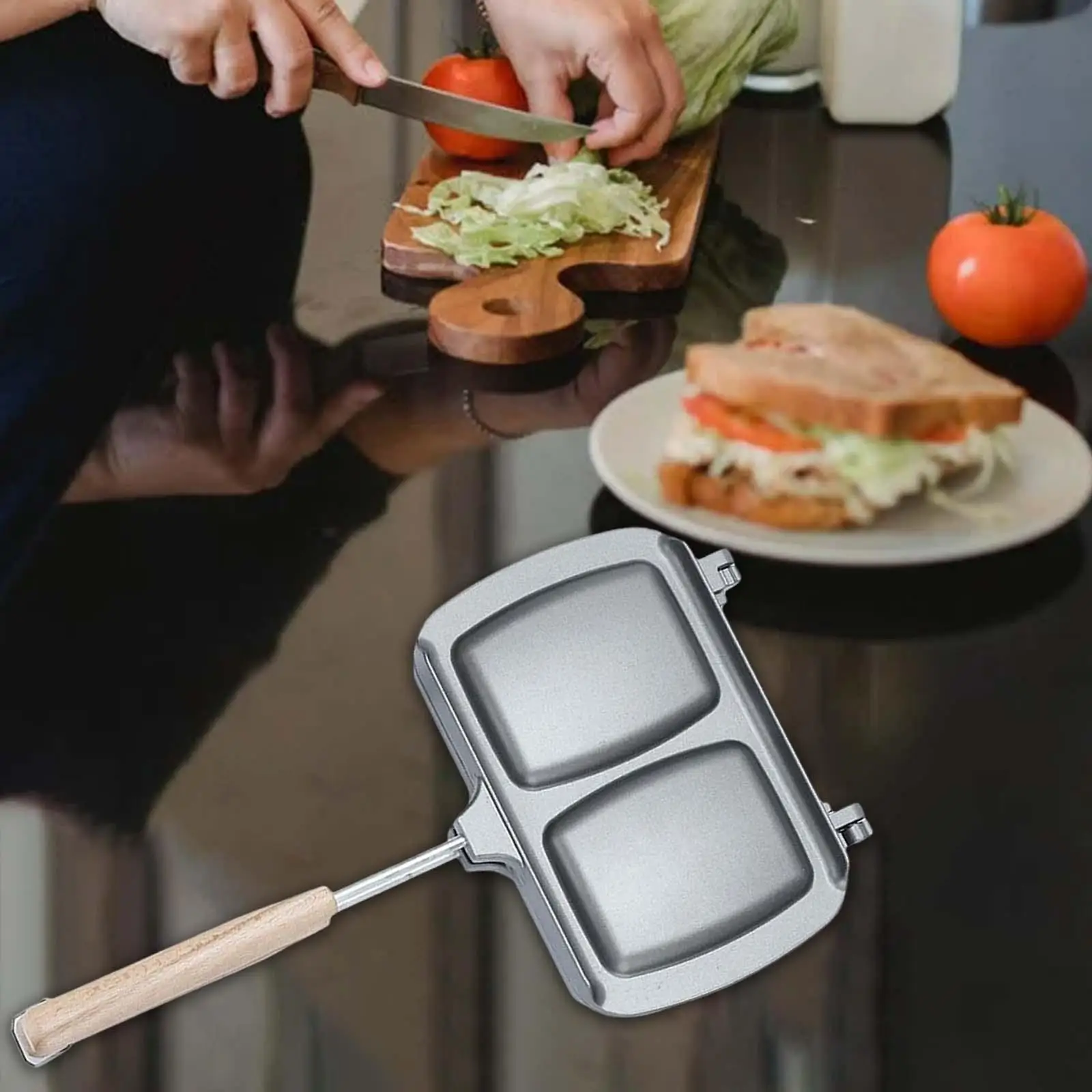 Bread Toast Maker Frying Egg Ham Grill Pan with Wooden Handle Non Stick Coating Sandwiches Maker for Induction Cooker Stove Top