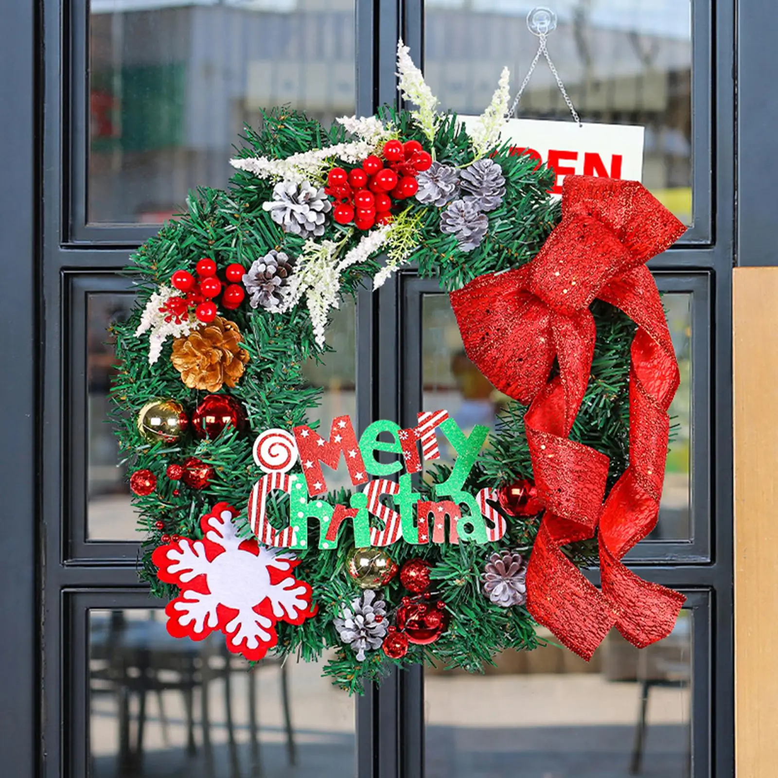 Christmas Wreath Door Hanging Ornament with Classic Element Christmas Garland Welcome Sign 15.8x15.8inch for Office Door Durable