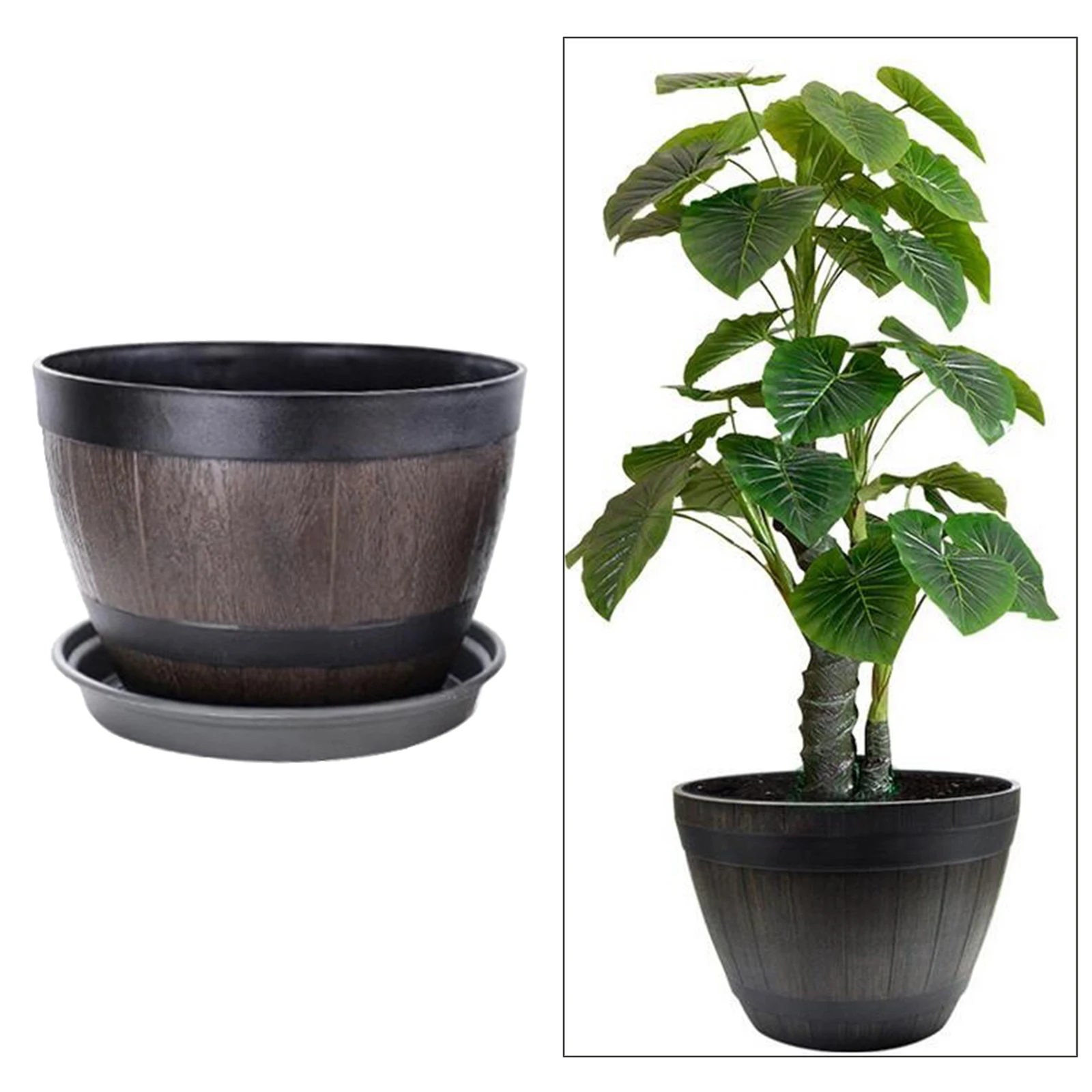 Retro Resin Barrel Flower Pot with Tray 12inch Indoor Garden Planter