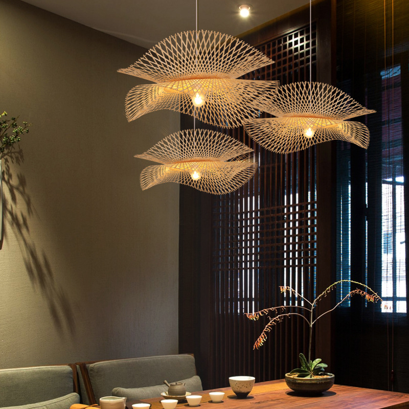 Chinese Creative Art Handmade Bamboo Chandelier Restaurant Kitchen Island Led Pendant Lamp Tea Room Hotel Hanging Lighting Decor