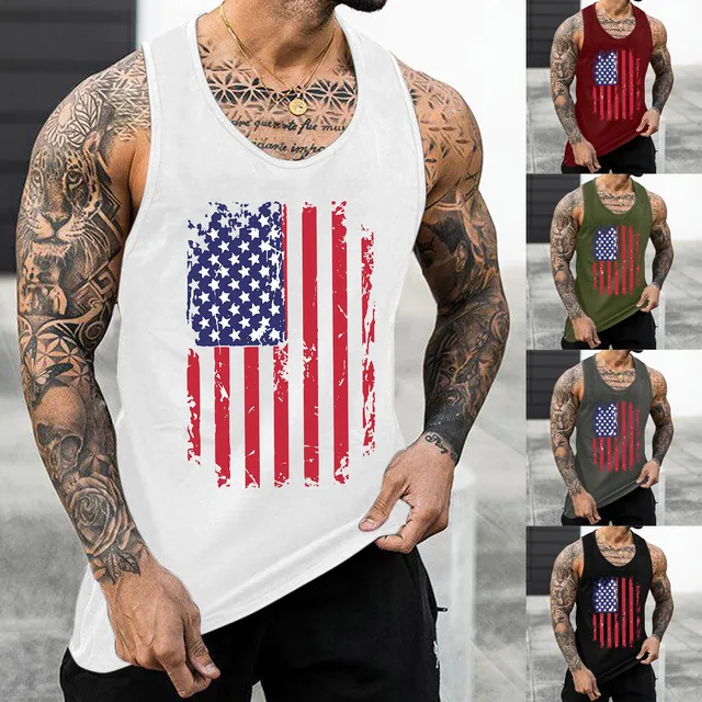 army green mens tank tops mens independence day summer tank top breathable  large size casual sleeveless top loose partial print tank top